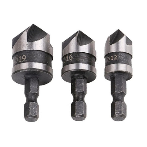 SOCOJE 3-piece countersink drill bit set with 1/4 in hex shanks, 12/16/19 mm sizes, metal bits