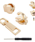 Metal Zipper Repair Kit With Detachable Zip Heads And Screwdriver Stainless Steel Zipper Pull Replacement Accessories For Clothing Purses Suitcases Handbags Shoes Tents And Backpacks Gold, featuring gold detachable heads and a screwdriver.
