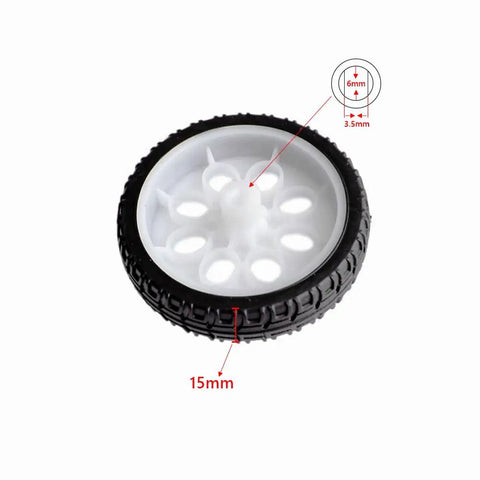 Close-up of a single white and black tire from Four 65mm Rubber RC Wheel Set For DIY Models, Robots, and Small RC Cars, 15mm thick.