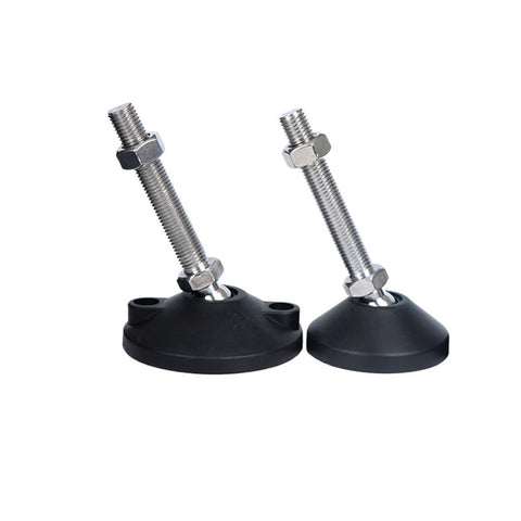 Rock Solid Adjustable Leveling Feet Four Pack Universal Furniture Support Legs With M8 M10 Thread Swivel Base Slick Glide Pads for Tables Cabinets Top Shelf Heavy Duty Hardware Set showing steel and nylon design.