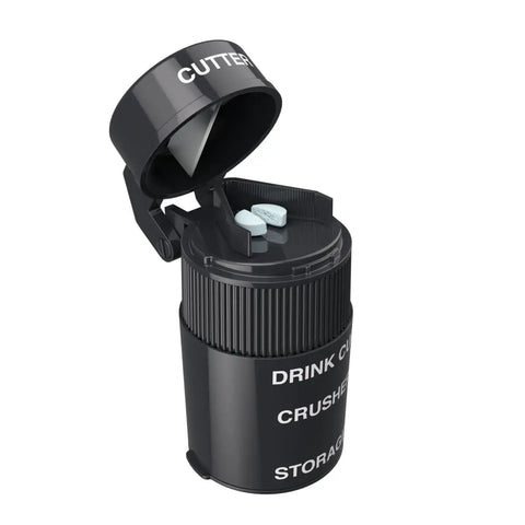 Two In One Pill Crusher And Cutter With Built In Storage Travel Ready Stainless Steel Blade Removable Drinking Cup BPA Free Black Safe And Easy Daily Use For Vitamins Tablets And Medications Grab And Go
