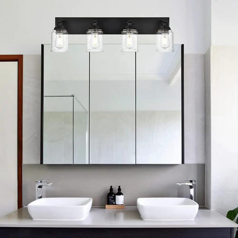 Black Vanity Lights 4-Light Modern Farmhouse Wall Fixtures With Seeded Glass Shades above bathroom mirror