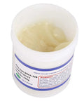 Open container of RMA 218 Flux Paste For BGA Reballing And Soldering, visible paste texture, clear plastic packaging, 100g.