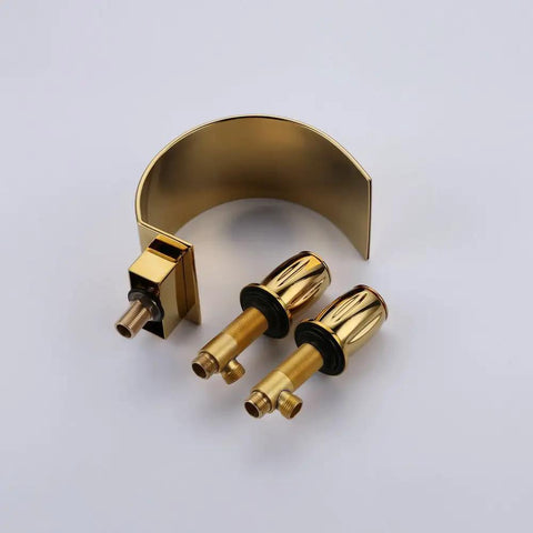 Elegant Waterfall Double Handle Bathroom Faucet With Arc Spout In Gold Widespread Sink And Tub Filler Modern Moon Inspired Design