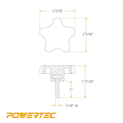 Technical diagram of 10 Pack Five Star Knobs With 5/16-18 Threaded Studs, 1 Inch, Grip Friendly Thumb Screw Knobs for fasteners.