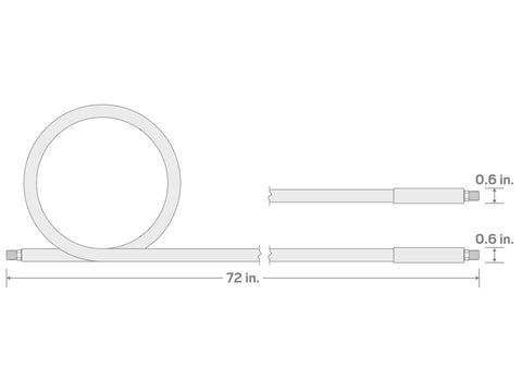 Diagram of Three Eighth Inch ID Six Foot Hybrid Lead In Air Hose With 300 PSI Rating, showing 72 in. length and 0.6 in. connectors.