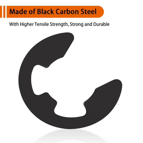580 Piece Black Alloy Steel E Clip Set With 10 Size Assortment M1.5 To M10 For Bearings Gears Pulleys And Axles Retaining Rings Kit For Snap Rings Durable Heavy Duty, close-up of black carbon steel e-clip showing material strength.