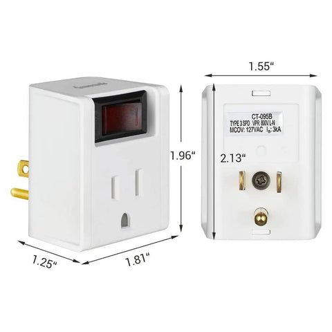UL Listed Grounded Single Outlet Power Adapter With On Off Switch Red Rocker 3 Prong Plug Outlet 15A Circuit Breaker 280J Surge Protection White 3 Pack For Home Office Electronics And Dorm Rooms