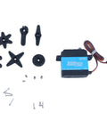 Beast Mode 35 Kilogram Digital Servo With Coreless Motor, black gears and accessories for RC cars, includes screws and connectors.