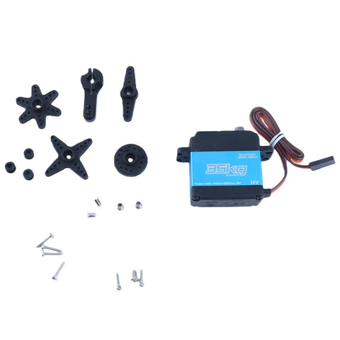 Beast Mode 35 Kilogram Digital Servo With Coreless Motor, black gears and accessories for RC cars, includes screws and connectors.