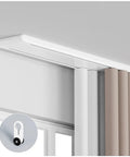 Heavy Duty Ceiling Mount Double Track Sliding Barn Door Hardware Kit Featuring Adjustable White Aluminum Rails And Silky Smooth Rollers with drapes and wheel.