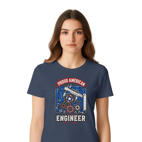 Cool Mechanical Blueprint Tee For Engineers And Mechanics With Caliper Gears Art On Soft Cotton Shirt worn by a woman.