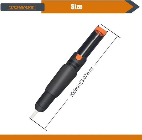 Desoldering tool measuring 205mm with black handle and orange details, used with Desoldering Wick Braid With Flux No Clean For Electronics