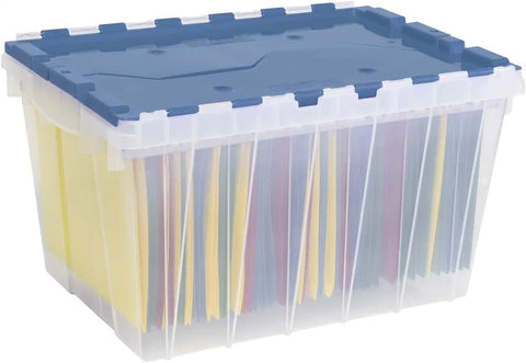 KeepBox 12 Gallon Storage Container With Attached Lid, Nesting And Stackable Plastic Bin With Rails For Letter Size Hanging Folders, Clear Blue, Durable Tote For Home Garage And Office Organization, 21x15x12