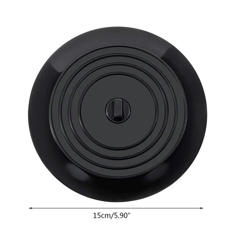 Bathtub Drain Stopper 6 Inches Silicone Rubber Plug, Black round design with raised center button, measuring 15cm.