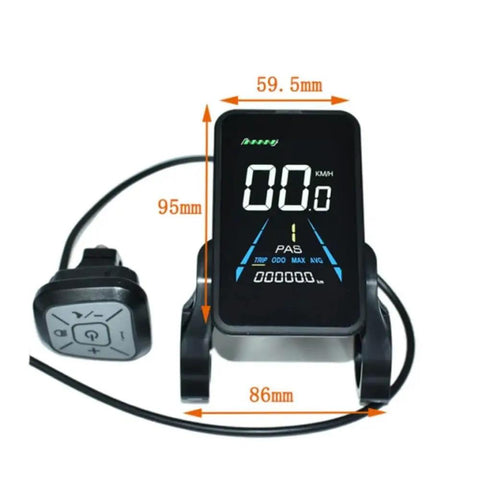 Ebike LCD Display Meter YL81F 36V 48V Waterproof 5 Pin Connector Speedometer Panel with dimensions and control button.