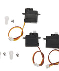 Heavy Duty Lightweight Servo Motor Upgrade For XK K110 RC Helicopter Slick Plastic Refit Parts showing three servos with wires and accessories.