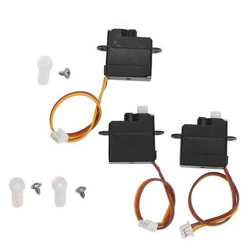 Heavy Duty Lightweight Servo Motor Upgrade For XK K110 RC Helicopter Slick Plastic Refit Parts showing three servos with wires and accessories.