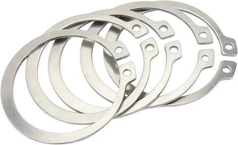 Premium Two Piece External Circlips Made From Solid 304 Stainless Steel Retaining Rings For Cars And Bearings Fit Shafts From 55 To 62mm, showing multiple durable locking clips.