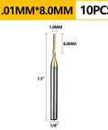 1.01mm TiN-coated carbide end mill bit, 8.0mm cutting length, 1/8 inch shank, single bit from 10pcs set for PCB and CNC work.