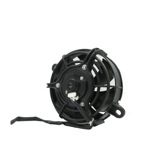 Gotta Have This Universal 4 Inch Electric Cooling Fan For Motorcycle Radiator And Oil Cooler Slaps Right On Any Dirt Bike Motocross Or ATV To Keep Her Chillin And Boost Horsepower side view showing black shroud and electric motor