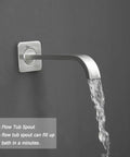 Brushed Nickel Shower System With An 8 Inch Square Shower Head, Handheld Wand, Wall Mounted Tub Spout, And 3 Function Tub And Shower Trim Kit Valve, All Metal Construction For A Durable, No Fuss Install Shower Faucet Set, showing wall-mounted tub spout with water flow.