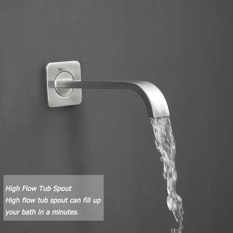 Brushed Nickel Shower System With An 8 Inch Square Shower Head, Handheld Wand, Wall Mounted Tub Spout, And 3 Function Tub And Shower Trim Kit Valve, All Metal Construction For A Durable, No Fuss Install Shower Faucet Set, showing wall-mounted tub spout with water flow.