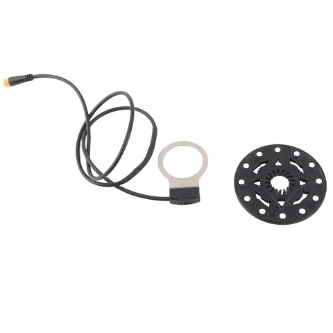 Electric Pedal Assist Sensor With 12 Magnets And Dual Hall Sensors For E Bikes Easy Install Lightweight PC Body Durable Small Hole Mount Reliable Power Boost For Commuting And Hobby Riding, showing sensor and magnetic disc on white background.