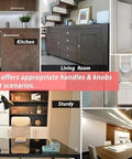 Image showcasing various rooms with cabinet handles and knobs, including kitchen, living room, cloakroom, bathroom, study, and meeting room.