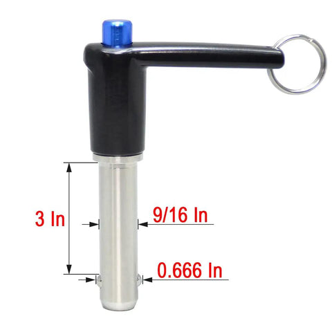 Durable Marine Grade Stainless Steel Ball Lock Pins With Quick Release Button For Easy Indexing, 9/16 inch diameter, 3 inch length.