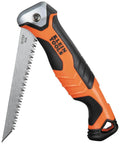 Klein Tools folding jab saw with orange/black handle, blade extended with serrated teeth and tether hole.