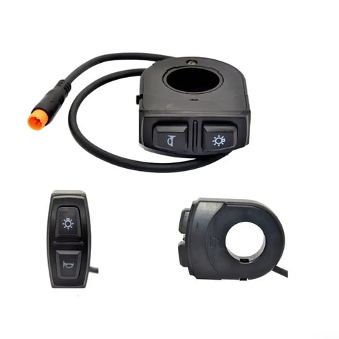 2 In 1 Bike Headlight And Horn Switch For 22.2mm Handlebars Waterproof 3 Pin Design ABS Housing Fits E Bikes Scooters And Electric Vehicles For Safer Outdoor Riding And Total Ride Ready Control, showing buttons and cable.