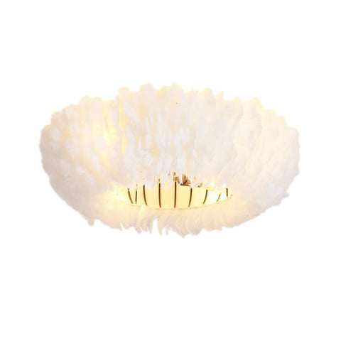 Neojoyoenix 20" Feather-Dressed Caged Ceiling Fans with Remote, Flush Mount with Light, Chandelier Fan in white feathers.