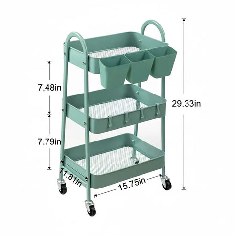 3 Tier Rolling Cart With Lockable Wheels And Hanging Cups, Heavy Duty Metal Utility Cart for Kitchen, Bathroom, Office, Workshop