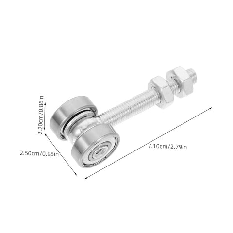 Built Like A Tank Stainless Steel Sliding Door Hanger With Double Bearing Track Rollers for Ultra Smooth Barn Door Glide. Detail of steel track roller with measurements.