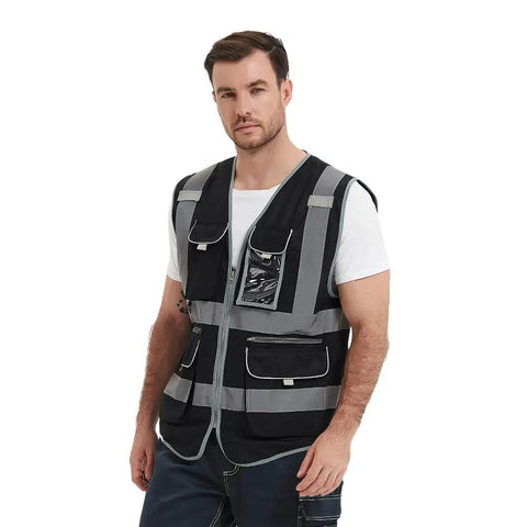Rock Solid 9 Pocket Reflective Safety Vest Designed To Handle The Daily Construction Grind With Spacious Zippered Stash Bins Heavy Duty Utility Wear For Men And Women, shown on a model, featuring multiple pockets.