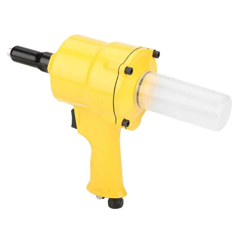 Built Like A Tank Pneumatic Rivet Gun Featuring An Easy Grip Design And Rapid Air Powered Drive For Auto Repair And Metal Fabrication 2 Point 4 To 4 Point 8 mm Fasteners In Bright Yellow close-up view of yellow air tool.