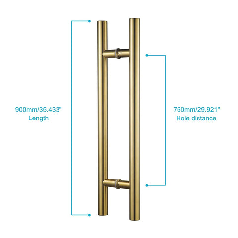 36 Inch Solid Stainless Door Pull Handle In Satin Gold Finish For Glass And Barn Doors Beefy Heavy Duty Push Pull Hardware 304 Stainless Steel Standoffs 52mm, with measurements