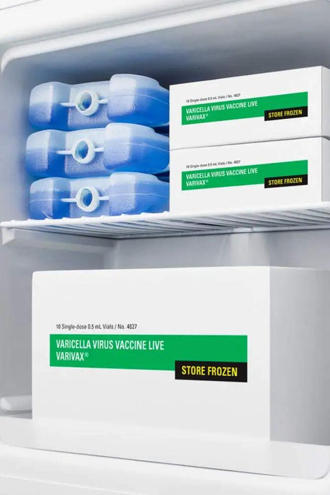 Compact Medical Freezer With Digital Thermostat And Secure Front Lock Nist Calibrated Thermometer White Lab Ready Precision Cooling with frozen vaccine vials and ice packs.