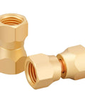 Two Pack Brass 1/4 Inch Female Flare Swivel Adapter Kit For Plumbing, Must Have Swivel Nut Flare Tube Fitting Valve Connector, Durable Solid Brass, Leak Proof, Easy Install, High Pressure Compatible, shown with two brass adapters