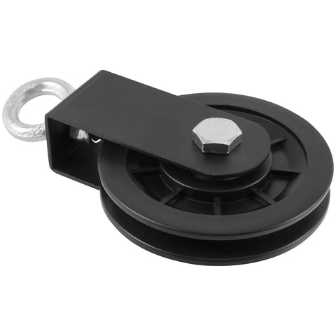 Side view of Three Pack 3.54 Inch 90 mm Pulley System Cable Pulley With Silent Bearing Traction Wheel Heavy Duty Nylon Gym Cable Pulley With U Shaped Fixed Bracket 360 Degree Rotation.