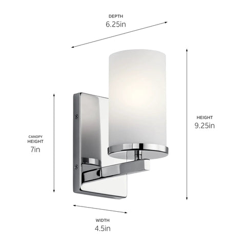 Crosby 9.25 Inch Chrome Wall Sconce With Satin Etched Cased Opal Glass 1 Light Modern Vanity Light For Hallway Or Bathroom Ambient Illumination And Easy Install No Fuss Mounting In Minutes
