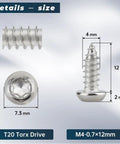 100 Pack M4 X 12mm Button Head Torx Self Tapping Screws for Wood and Sheet Metal shown with dimensions and T20 drive details.