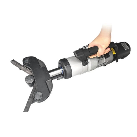 Heavy Duty Portable Electric Rebar Cutter NRB-22E in use cutting a steel bar with durable clamp head design.