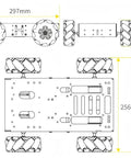 Hiwonder 4WD Mecanum chassis blueprint with encoder motors and large metal bracket; top/side views, 297×97×256