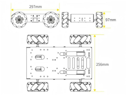 Hiwonder 4WD Mecanum chassis blueprint with encoder motors and large metal bracket; top/side views, 297×97×256