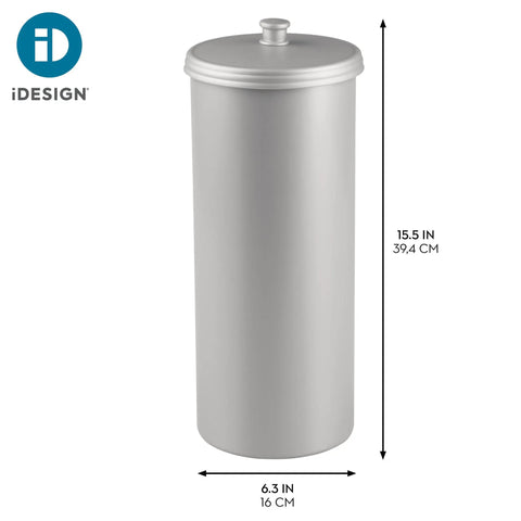 Discreet Floor Standing Toilet Paper Holder With Lid For 3 Extra Rolls In Silver with decorative knob, size 15.5 in x 6.3 in
