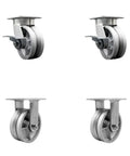 No Fuss Heavy Duty Kingpinless Swivel Caster Set With Five Inch Semi Steel Cast Iron V Groove Wheels and Precision Ball Bearings Four Pack on display.