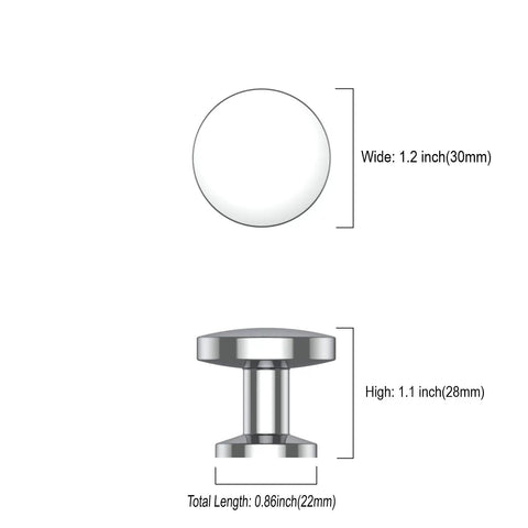 Polished Chrome Cabinet Knobs 10 Pack, Zinc Hardware dimensions 1.2 inch diameter, 28mm height, side view, and top view displayed