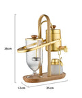 Top Shelf Belgian Siphon Coffee Maker With Clear Glass Chamber And Sleek Silver Base dimensions, 36cm height, modern design.